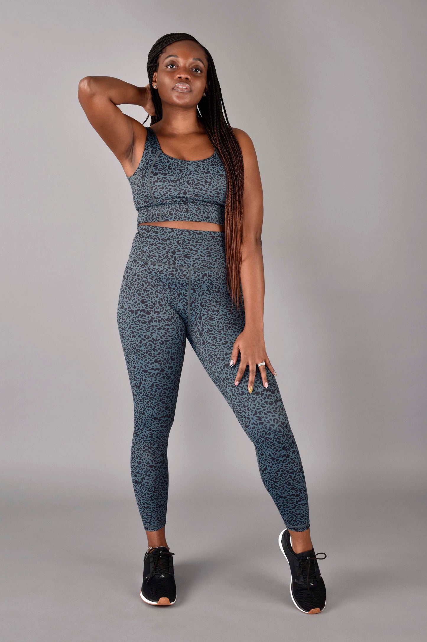 WEAR LOVE MORE Ultra High Rise Recycled Luxe 7/8 Legging in Emerald Leopard Print. Sustainable Activewear in Leopard Print. Leopard Print Legging. Matching Set with Sophia Longline Bra