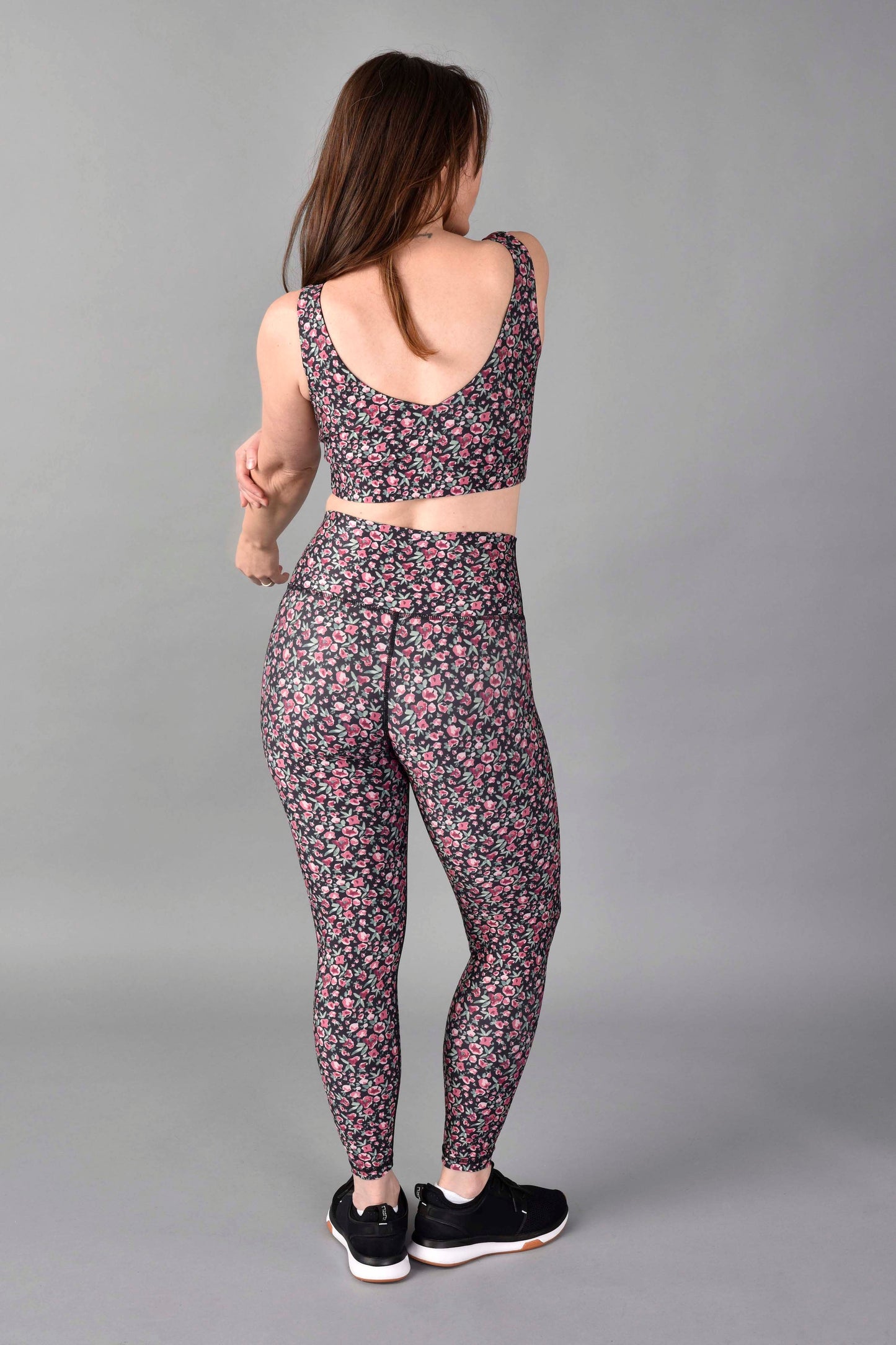 WEAR LOVE MORE Designer Sustainable Activewear. Sophia Longline Bra in Red Velvet Floral. Rosy Floral Print Bra Support Top. Paired with 3/4 Red Velvet Floral Leopard Legging. Back View with wide V back