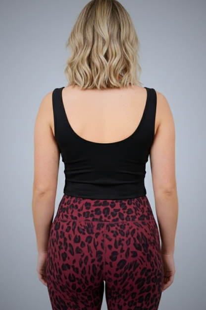 Wear Love More black Bardot square-neck tank shelf bra wth scoop back in recycled core compression fabric.