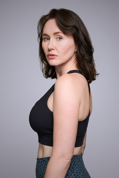 Wear Love More black Sabina high support sports bra with back neck closure in recycled core compression fabric.