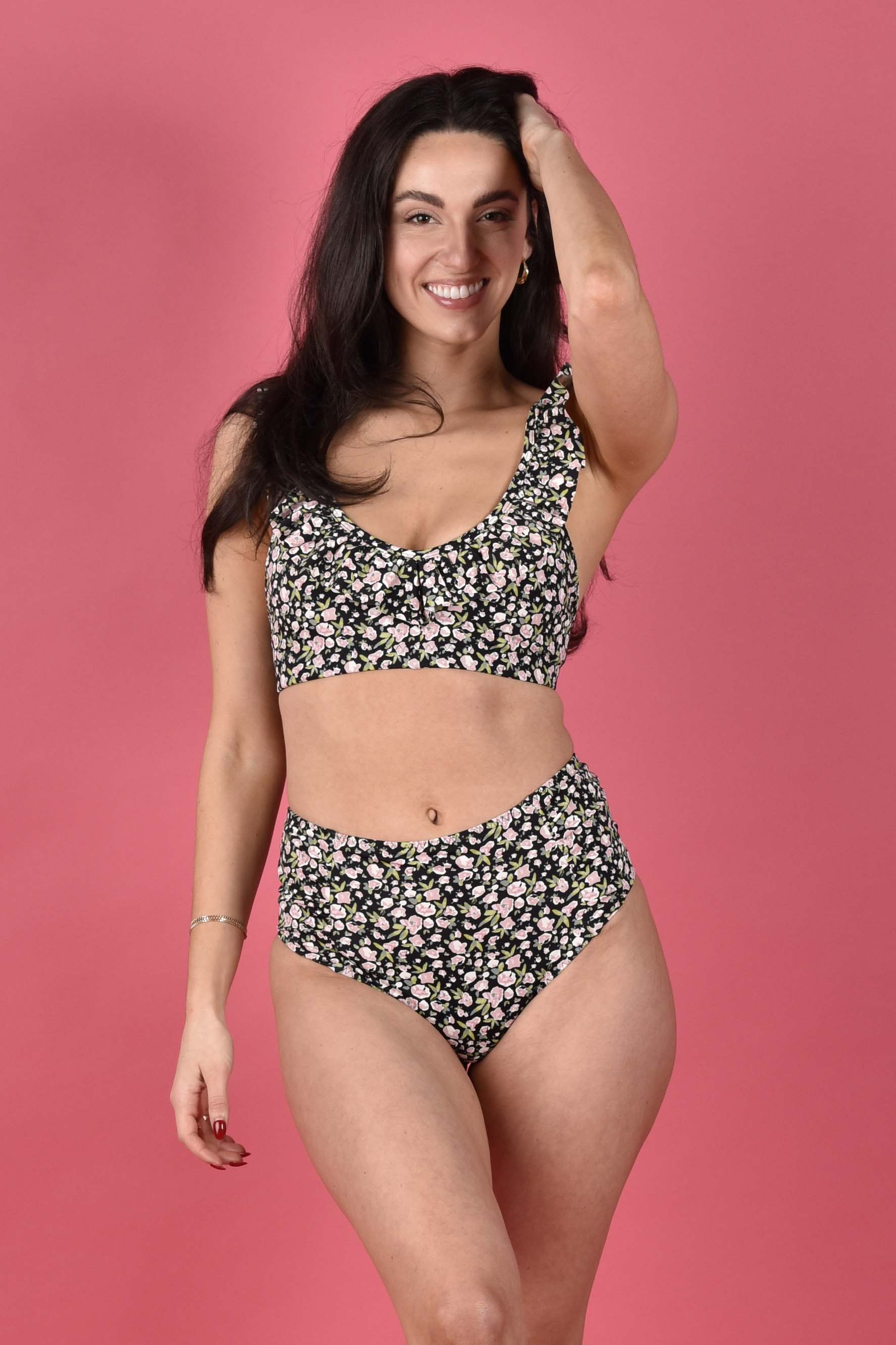 WEAR LOVE MORE Heather Recycled Luxe Swim Top.  Ruffled Bikini Top in Sugar Pink Floral Print.  Paired with matching bottom