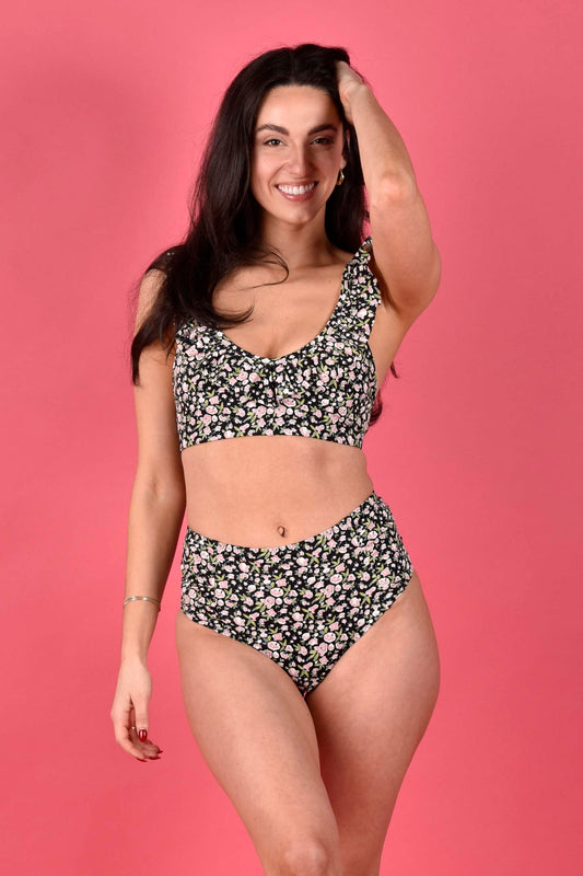 WEAR LOVE MORE Heather Recycled Luxe Swim Top.  Ruffled Bikini Top in Sugar Pink Floral Print.  Paired with matching bottom
