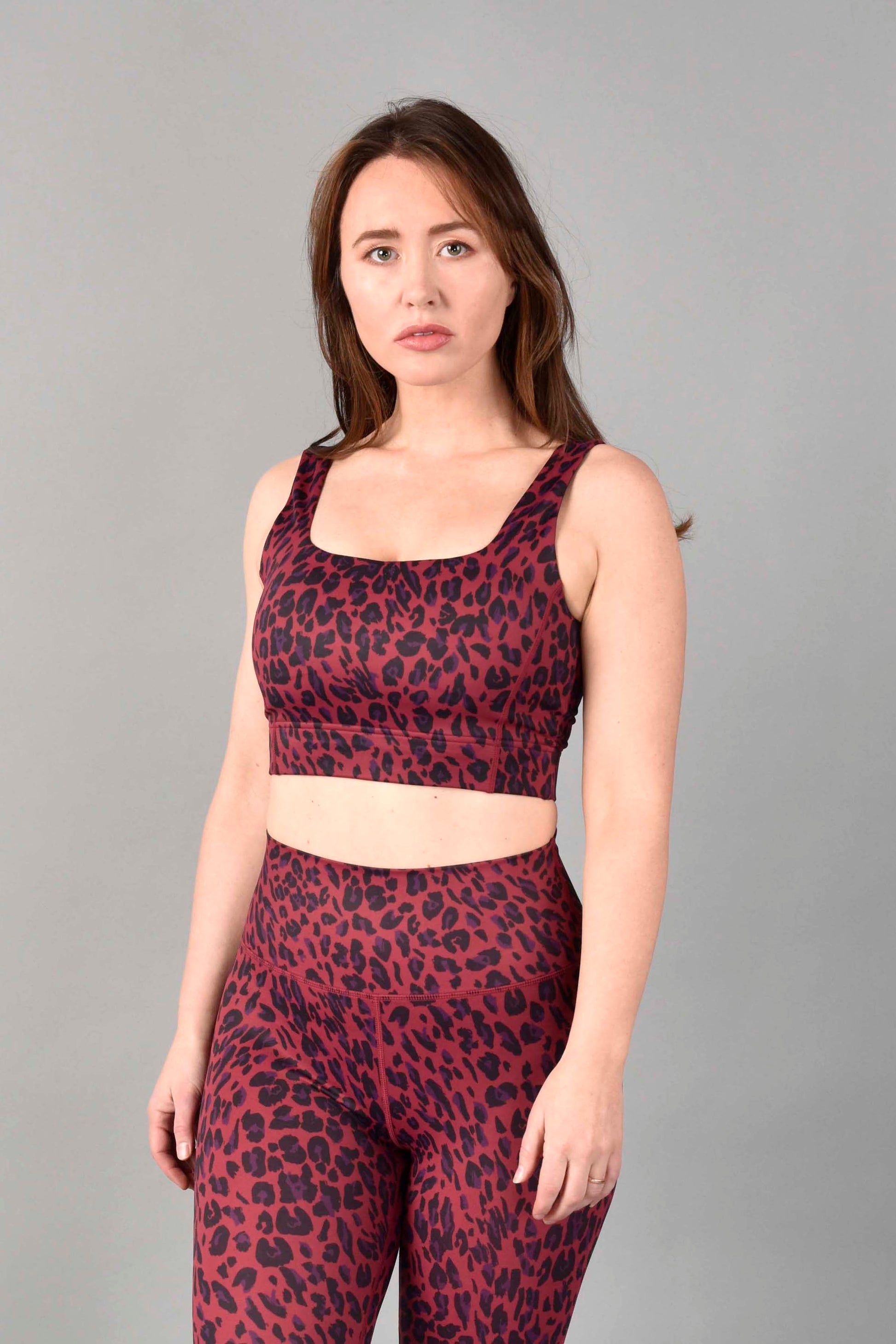 Wear Love More Brigitte Longline Sports Bra in Recycled Luxe Red Velvet Leopard.  Longline bra with square neckline with V-back , wide straps in a red leopard print.  Fabric is made from Recycled Polyester.  Fully lined with removable padding. Designer Sustainable Activewear