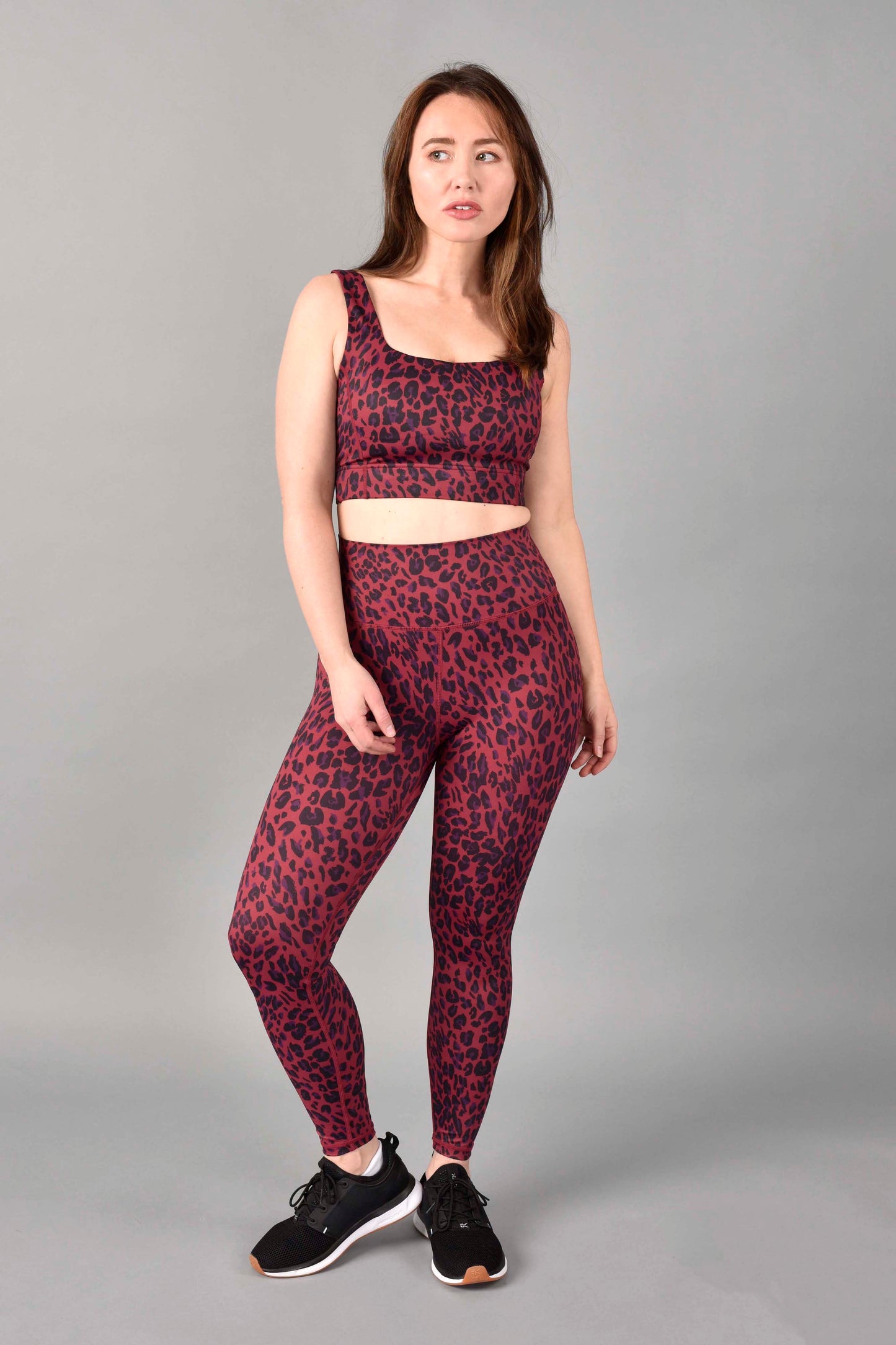 Wear Love More Brigitte Longline Sports Bra in Recycled Luxe Red Velvet Leopard.  Longline bra with square neckline with V-back , wide straps in a red leopard print.  Fabric is made from Recycled Polyester.  Fully lined with removable padding.  Featured paired with match 7/8 legging