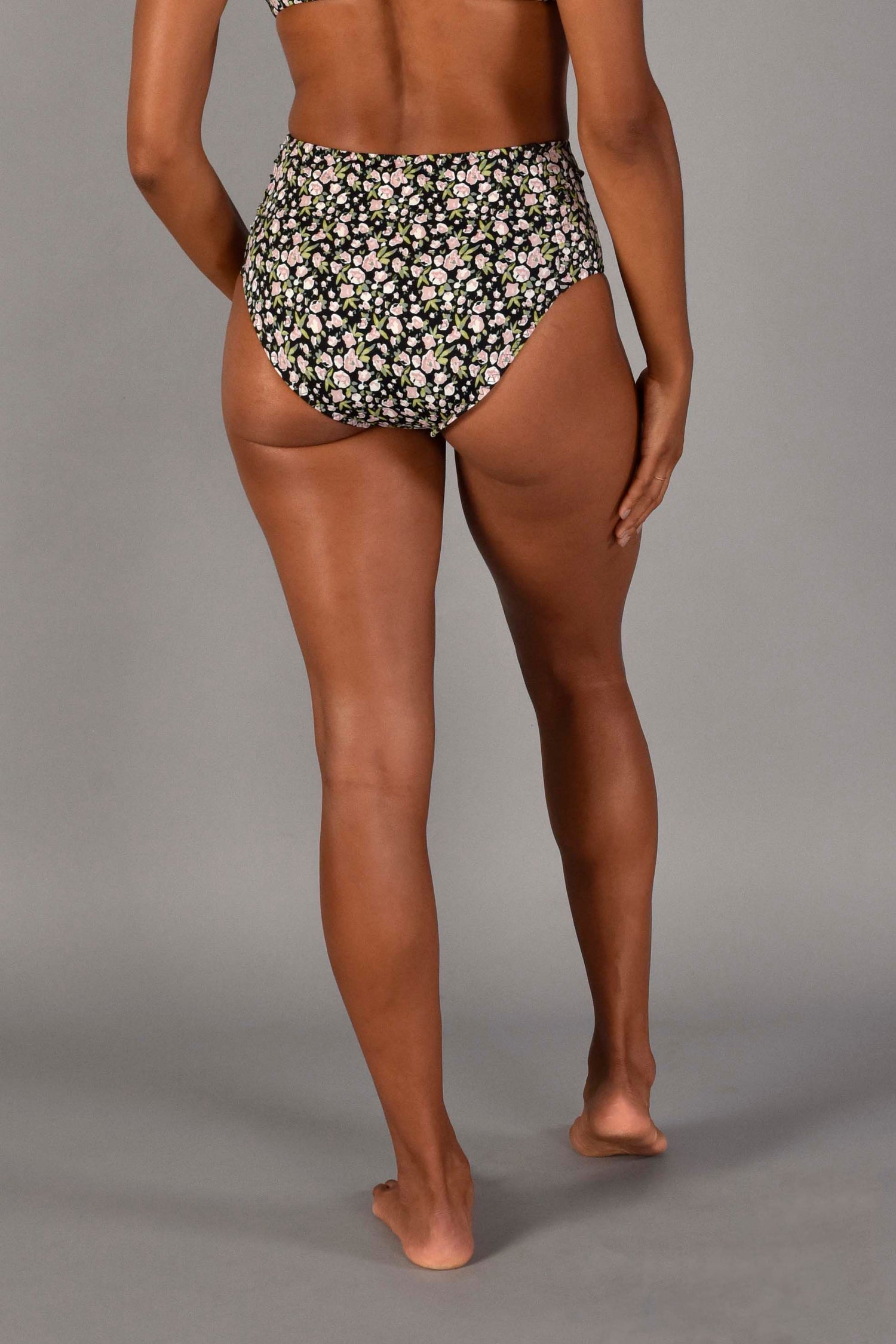 WEAR LOVE MORE Sustainable Swimwear.  High Rise Bikini Bottom in Sugar Pink Floral Print.  Recycled Swim Bottom with Moderate Cheeky Coverage.