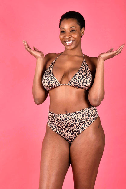 WEAR LOVE MORE Dannie Recycled Luxe Swim Bikini Top in Nude Leopard.  String Bikini Top in Nude Leopard.