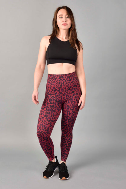 WEAR LOVE MORE Ultra High Rise Recycled Luxe 7/8 Legging in Red Velvet Leopard Print. Sustainable Activewear in Leopard Print. Leopard Print Legging. Paired with Anna Longline Bra in Matte Black