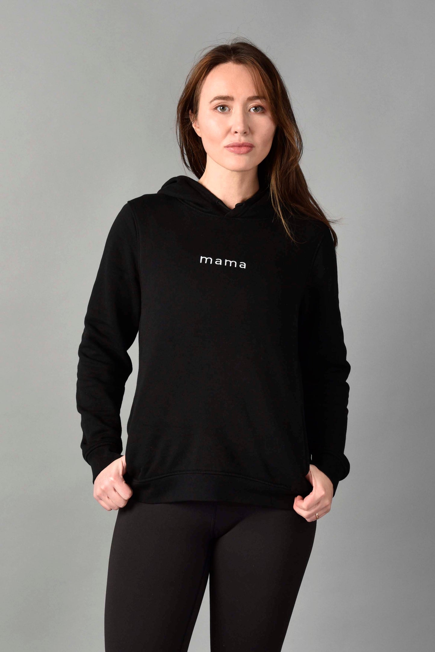 WEAR LOVE MORE Mama Sweatshirt.  Mama Hoodie in Organic Cotton.  Organic Cotton Sweatshirt with Embroidered Mama.  Family Match Hoodie Style in Black with White Embroidered Mama.