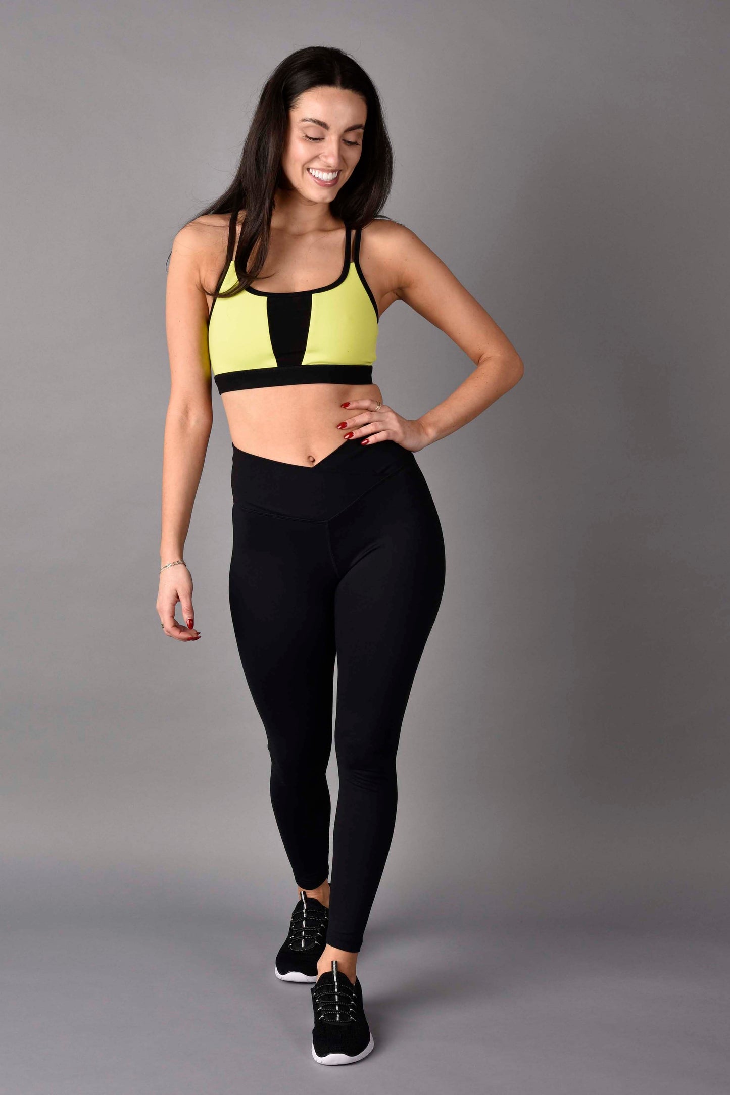 Trinity Matte Luxe Strappy Sports Bra with Mesh Insert in Neon Black Combo