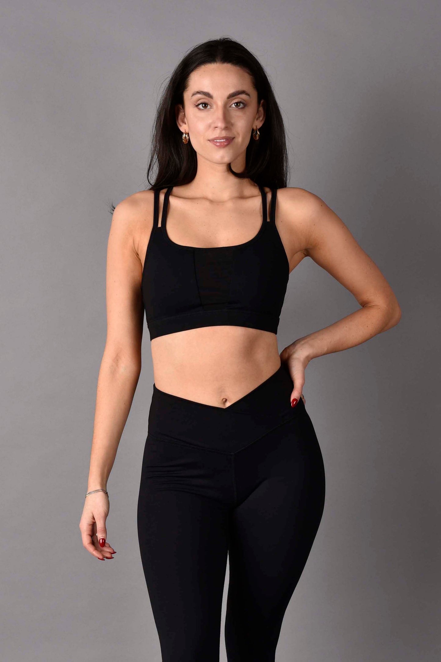 Trinity Matte Luxe Strappy Sports Bra with Mesh Insert in Neon Black Combo
