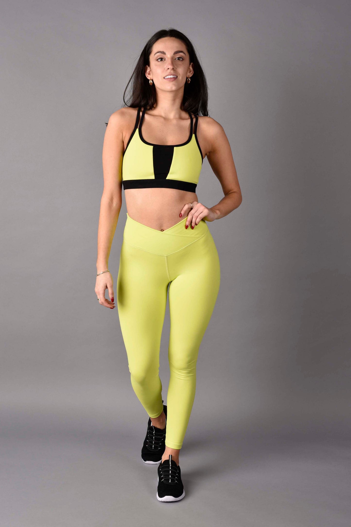 WEAR LOVE MORE Womens Sustainable Activewear High Rise Crossover Neon Legging paired with  Trinity Mesh Bra