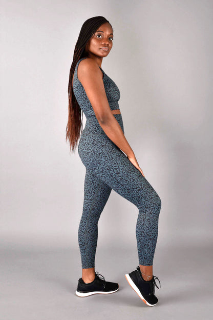 WEAR LOVE MORE Ultra High Rise Recycled Luxe 7/8 Legging in Emerald Leopard Print. Sustainable Activewear in Leopard Print. Leopard Print Legging. Matching Set with Sophia Longline Bra