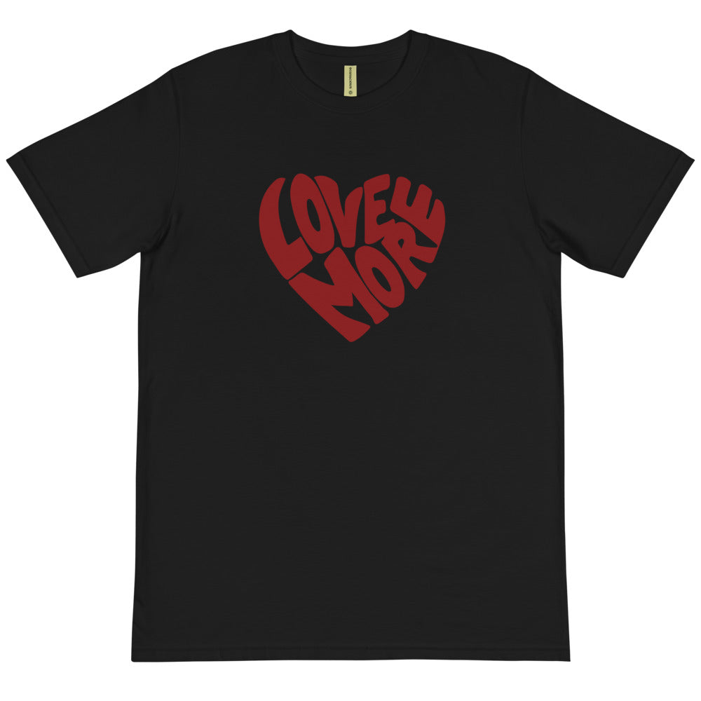WEAR LOVE MORE Love More Eco Tee in Organic Cotton.  Black T-shirt with Red Heart Graphic saying Love More at center.