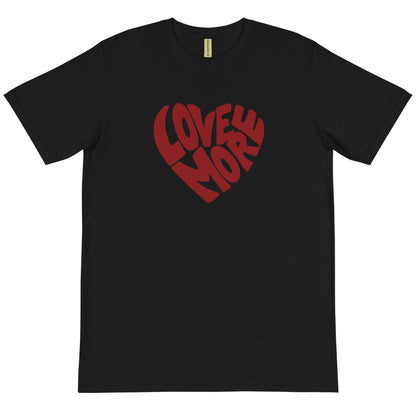 WEAR LOVE MORE Love More Eco Tee in Organic Cotton.  Black T-shirt with Red Heart Graphic saying Love More at center.